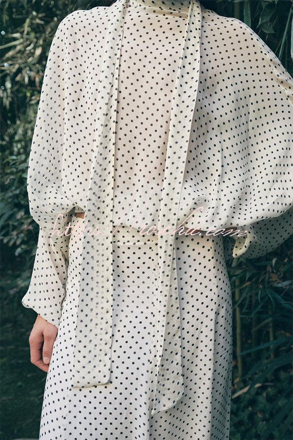 Seraphina Flowing Lantern-Sleeve Polka Dot Blouse