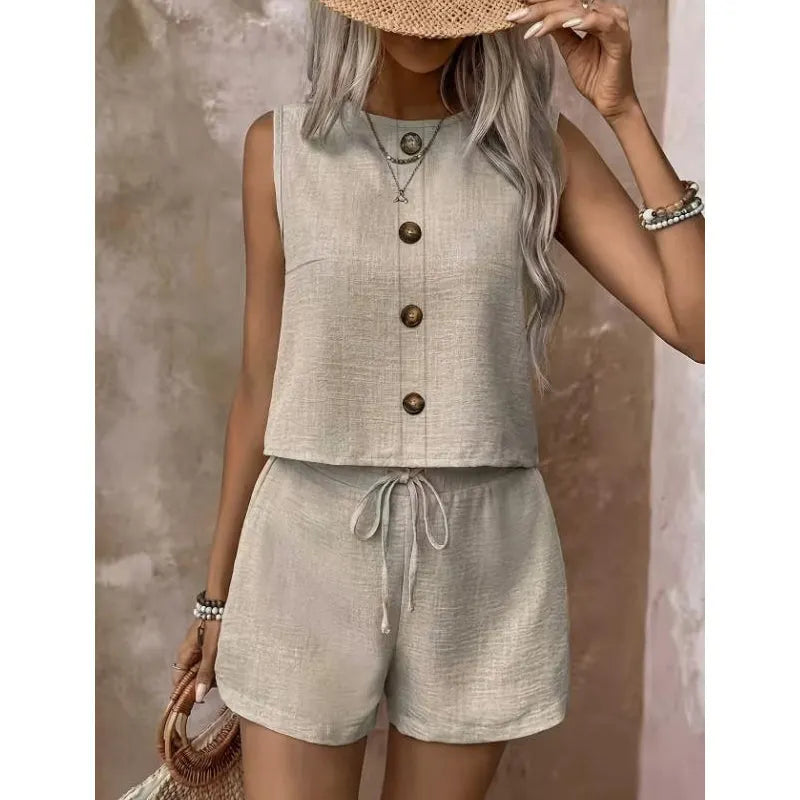 Summer Women's Set with Sleeveless Button Top and Adjustable Shorts
