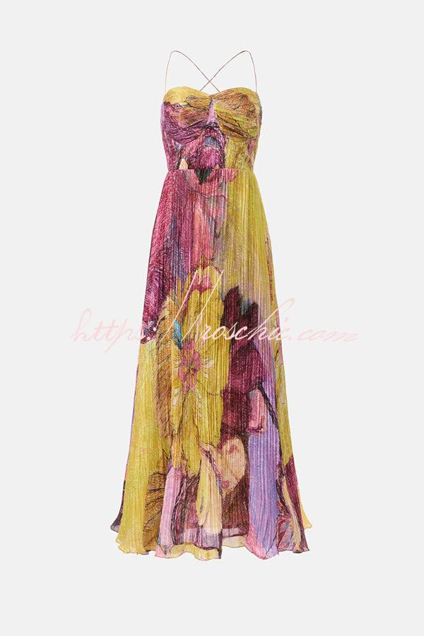 Vibrant and Bold Floral Print Sweetheart Neck Pleated Maxi Dress
