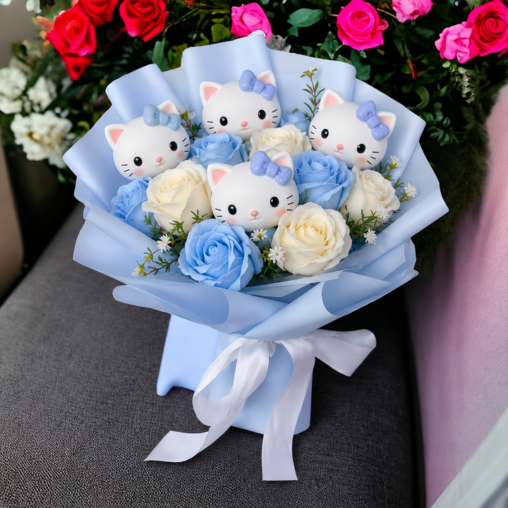 Colourful Synthetic Flower Bouquet With Kitty Figurines For Gifts And Decoration, view 5 - Elena Harper