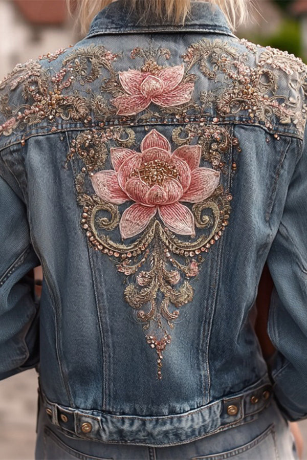Unique Printed Lapel Long-sleeved Personalized Denim Jacket