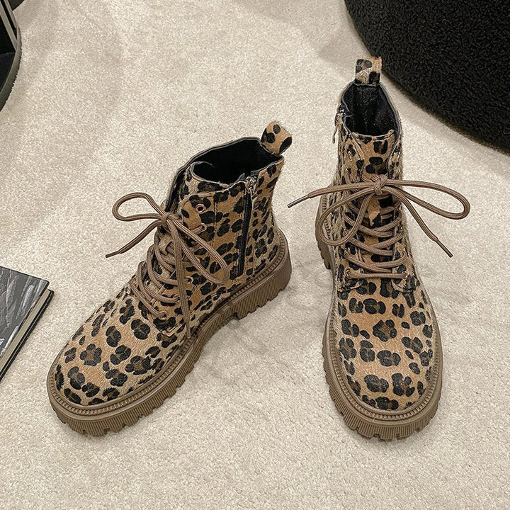 Women's Winter Lace-Up Ankle Boots with Animal Print - Samantha
