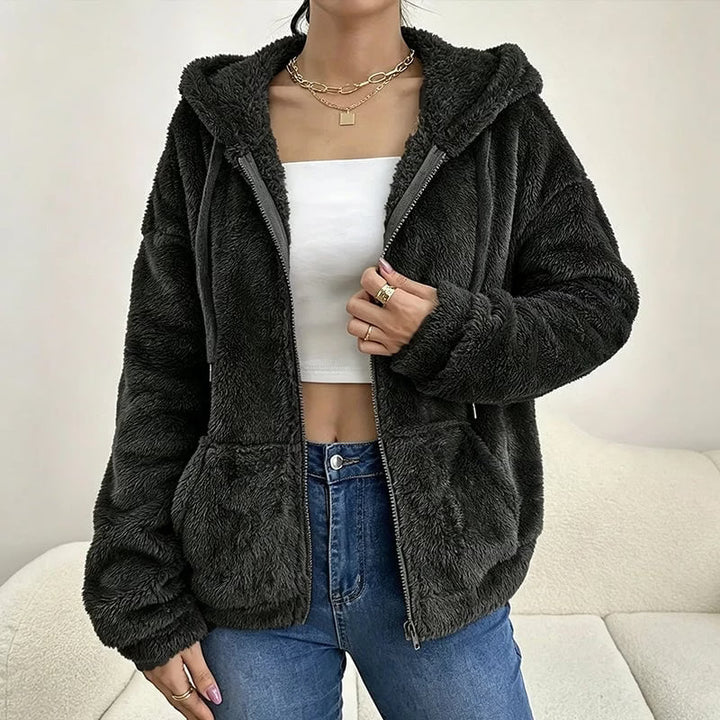 Women's Fleece Jacket with Hood and Zip Closure