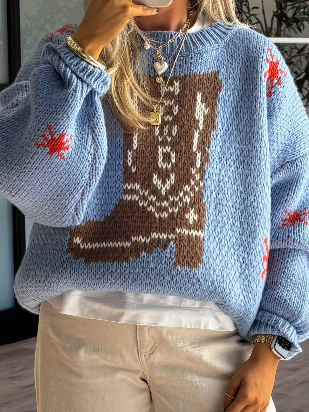 Linda | Women's Boot Pattern Round Neck Winter Sweater