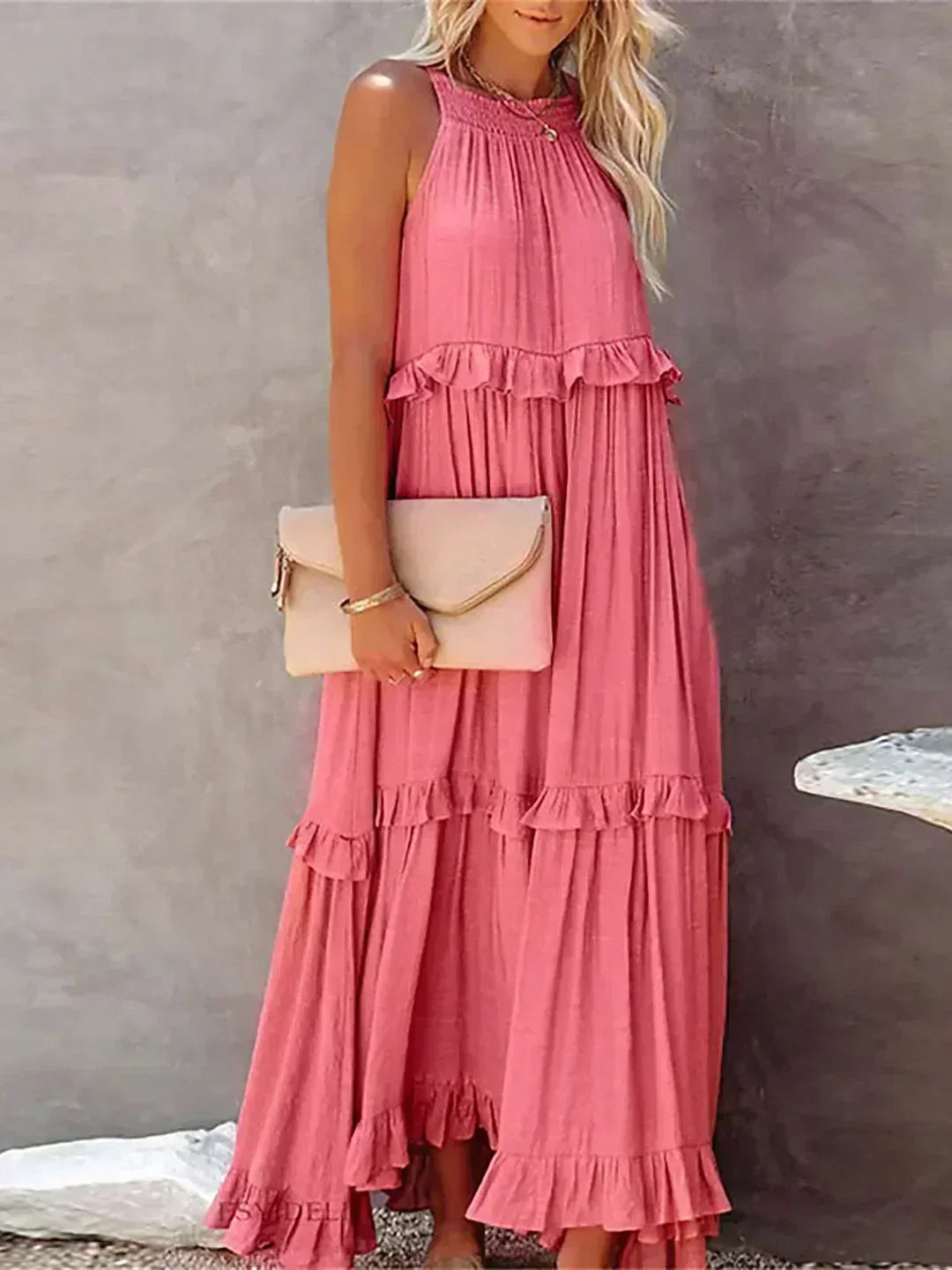 Delilah Elegant Halter Neck Ruffle Trim Dress - Elena Harper