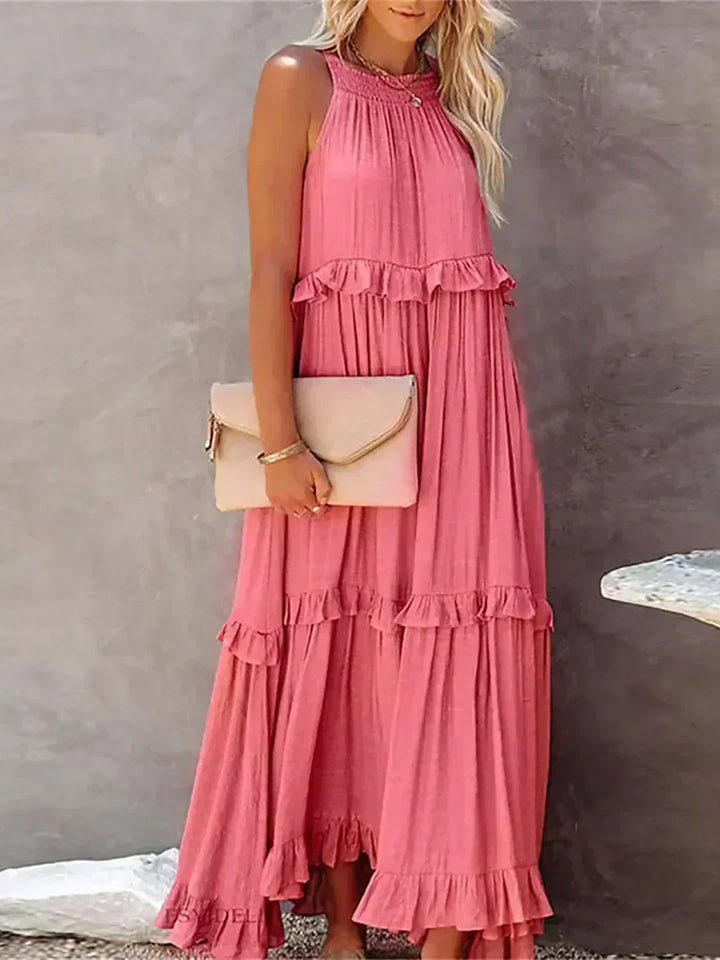 Delilah Elegant Halter Neck Ruffle Trim Dress - Elena Harper