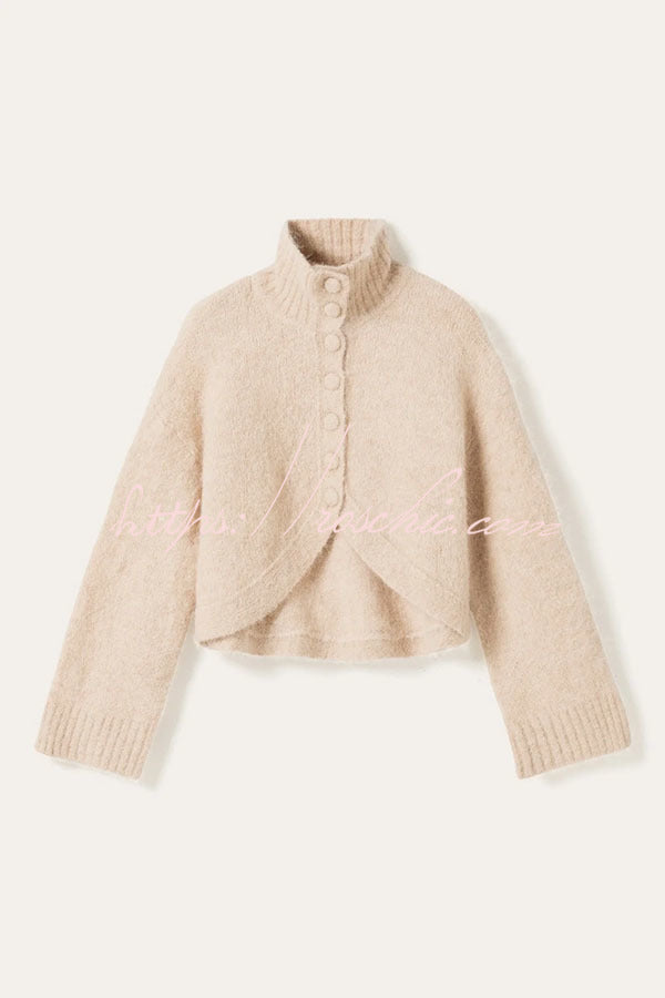 Martina Solid Color Knit High Neck Button Long Sleeve Wave Hem Crop Cardigan