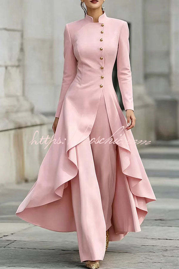 Jemma Stand Neck Long Sleeve Button High Low Hem Top and Wide Leg Pants Set (Shipped Within 24 Hours)