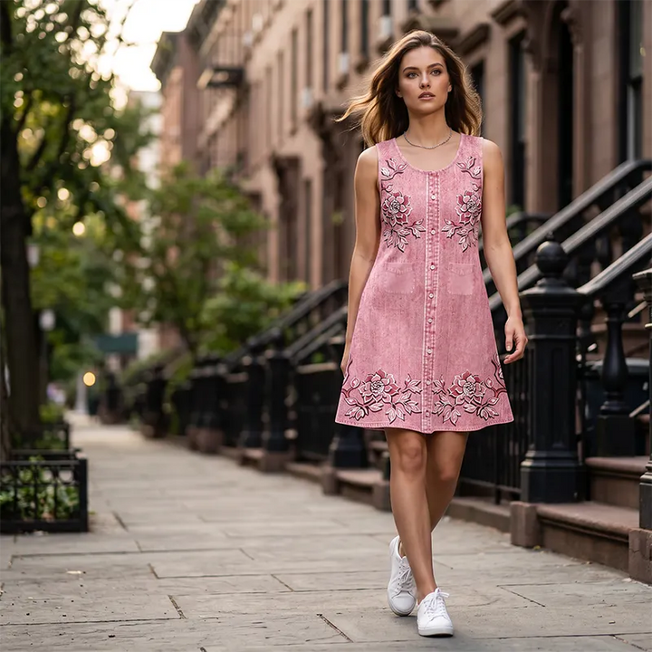 Women's Floral Sleeveless Dress with Front Buttons