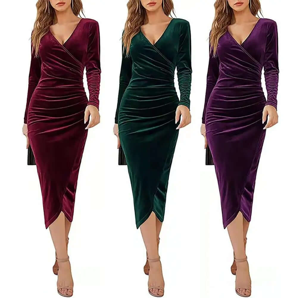 Women's Velvet Ruched Wrap Midi Dress, view 9 - Elena Harper
