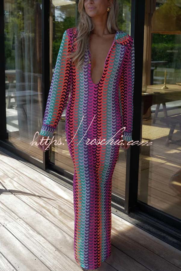 Eleanor Knit Colorful Wave Unique Print Shirt U-neck Long Sleeve Slit Maxi Dress