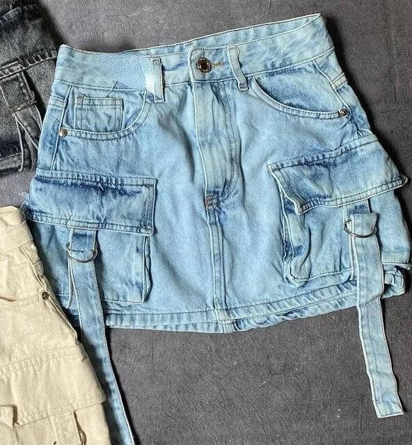 Women's Multi-Pocket Denim A-Line Mini Skirt, view 2 - Elena Harper