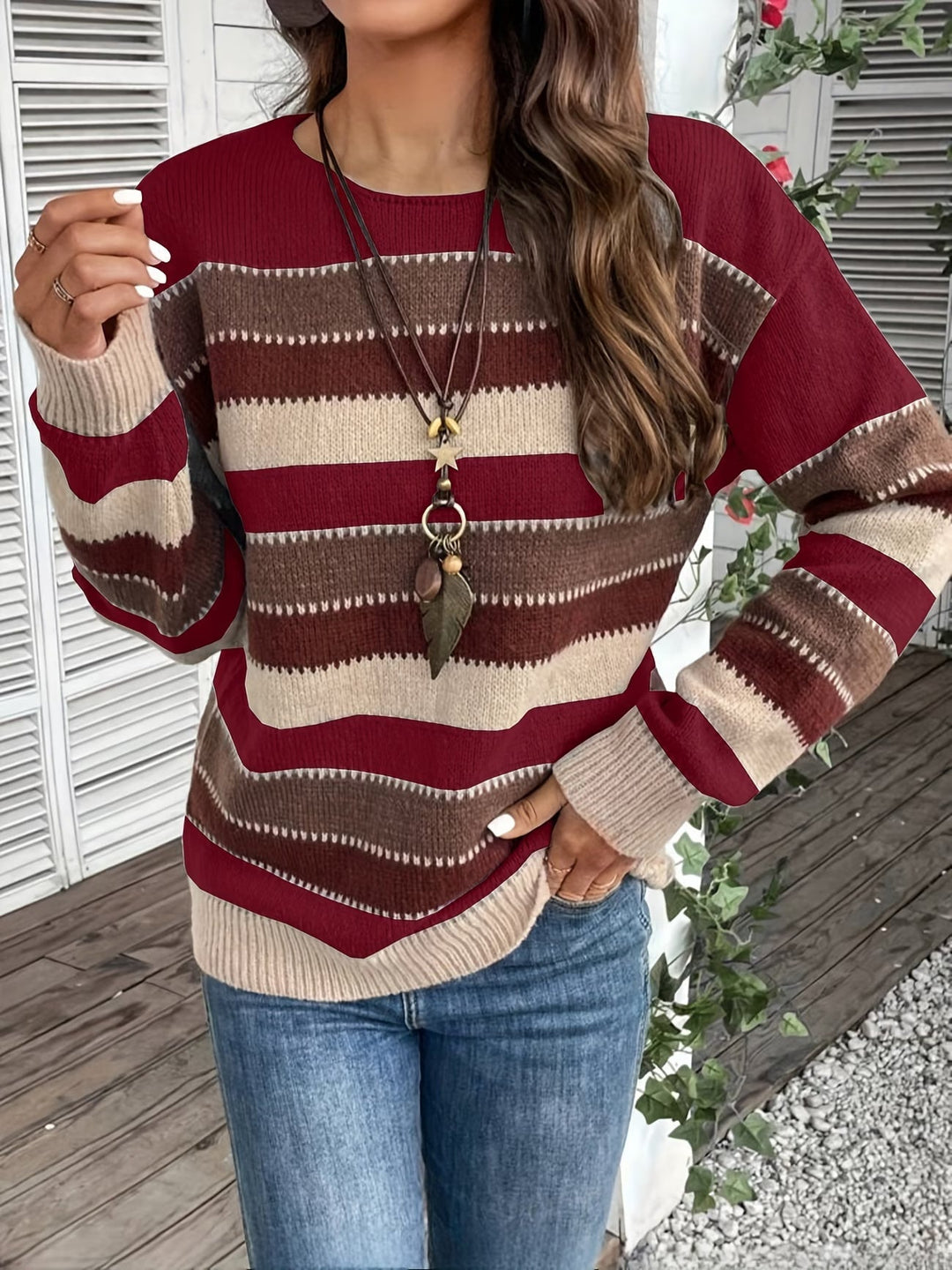 Women's Striped Knit Sweater with Round Neck