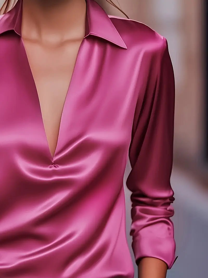 Women's Elegant Collared V-Neck Blouse - Long Sleeve