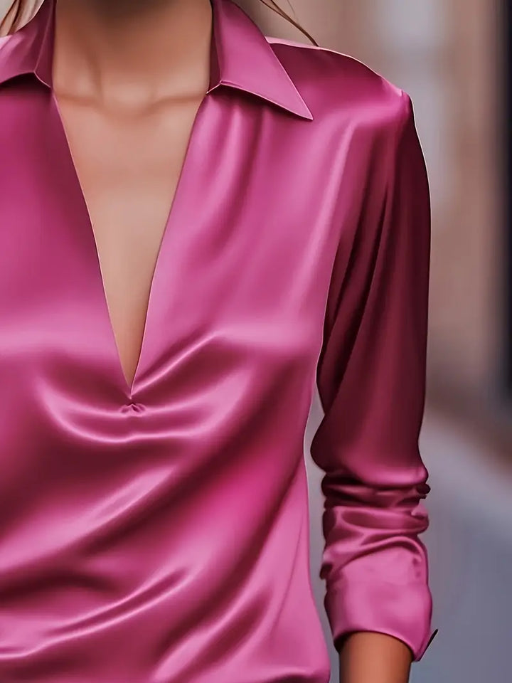 Women's Elegant Collared V-Neck Blouse - Long Sleeve