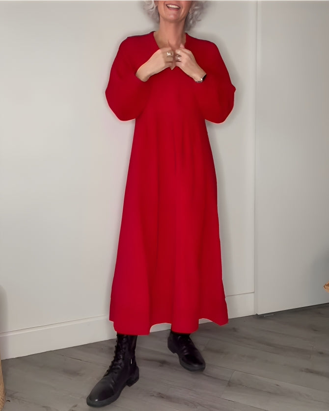 Ladies Long Dress with V-Neck and Long Sleeves