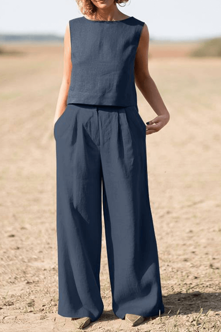 Women's Relaxed Fit Round Neck Top and Wide-Leg Pants Set