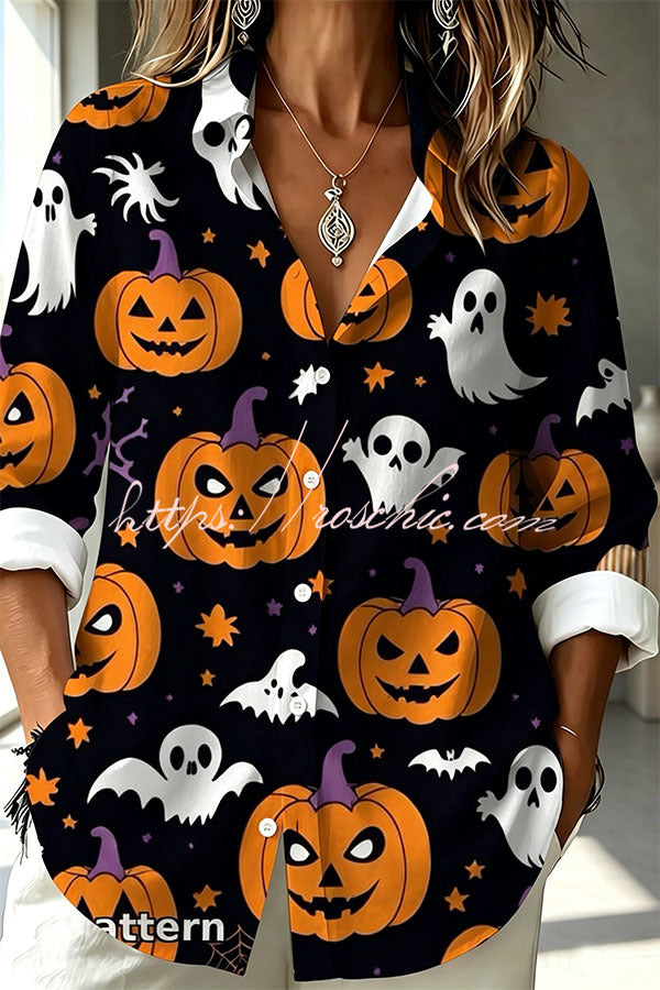 Halloween Shirt Featuring Bat and Jack-o'-lantern Patterns
