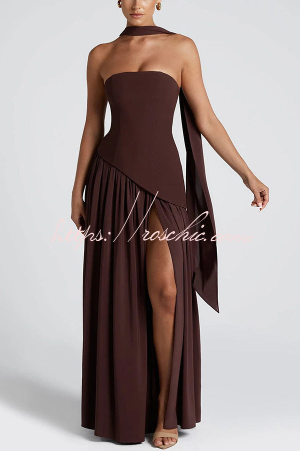 Elegant Off Shopulder Chiffon Pleated Hem Scarf Slit Maxi Dress