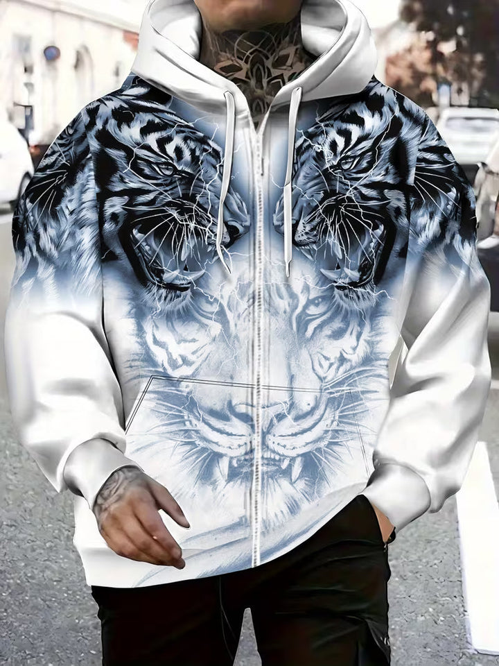 Luciano Hooded Sweatshirt with Zipper and Tiger Pattern, view 8 - Elena Harper