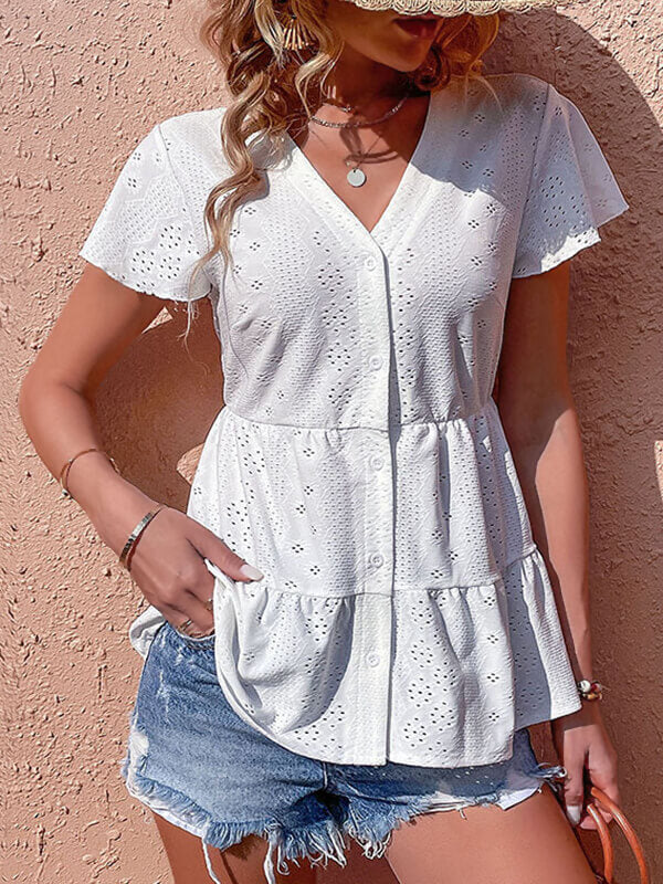 Enna - Embroidered blouse with ruffles, V-neck, and buttons