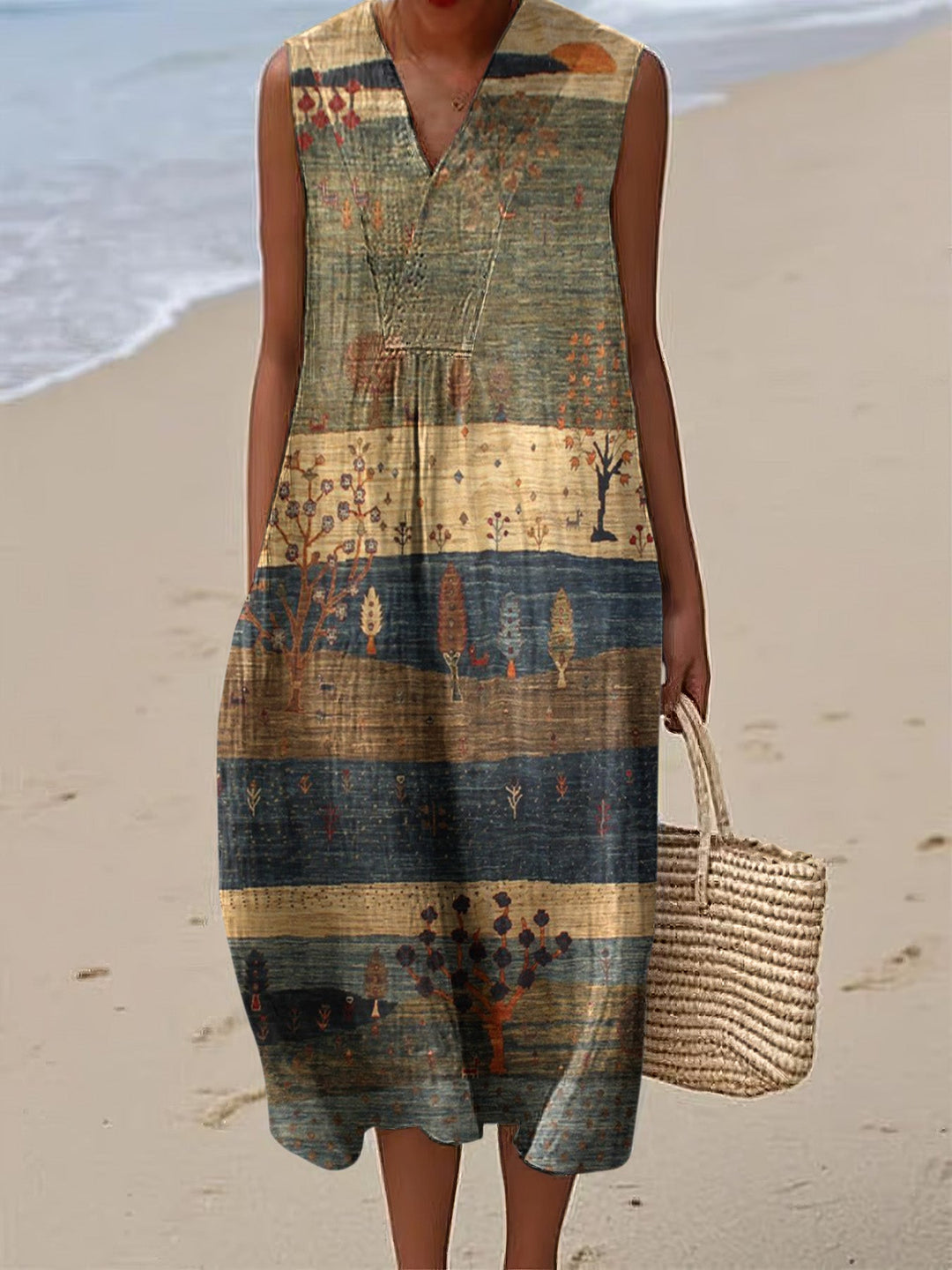 Sleeveless V-Neck Midi Dress with Painted Landscape Print - Elena Harper