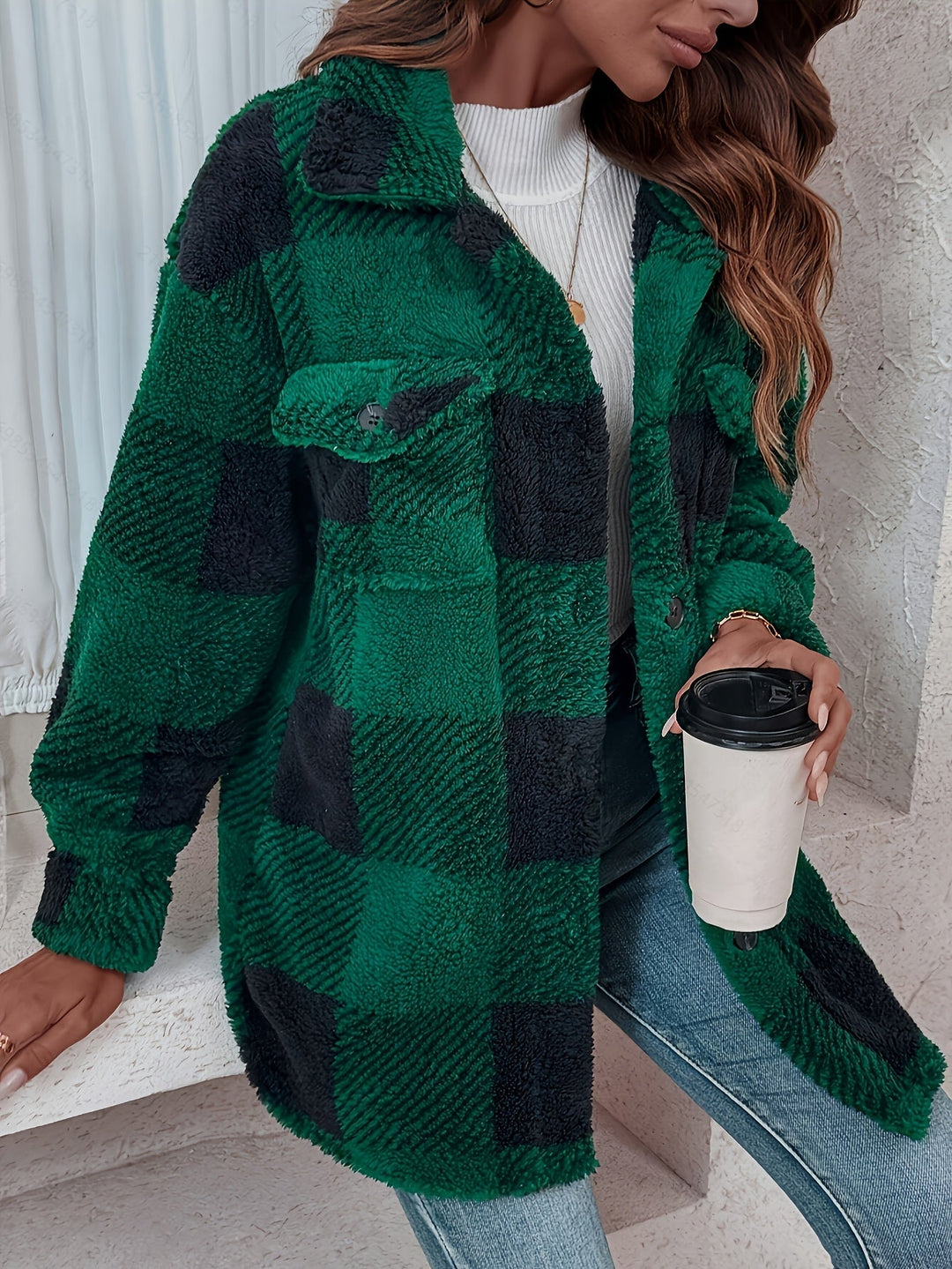 Women's Plaid Fleece Jacket with Buttons – Autumn Style