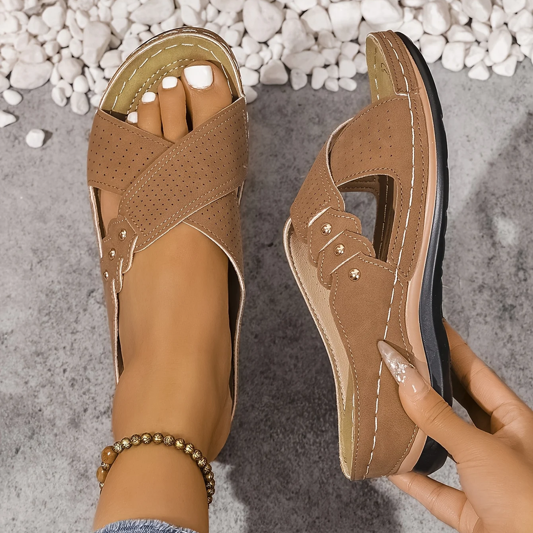 Vanesa Emma & Rose Cape Town comfortable wedge sandals with open toe and ankle strap, showing beige textured material and chunky heel.