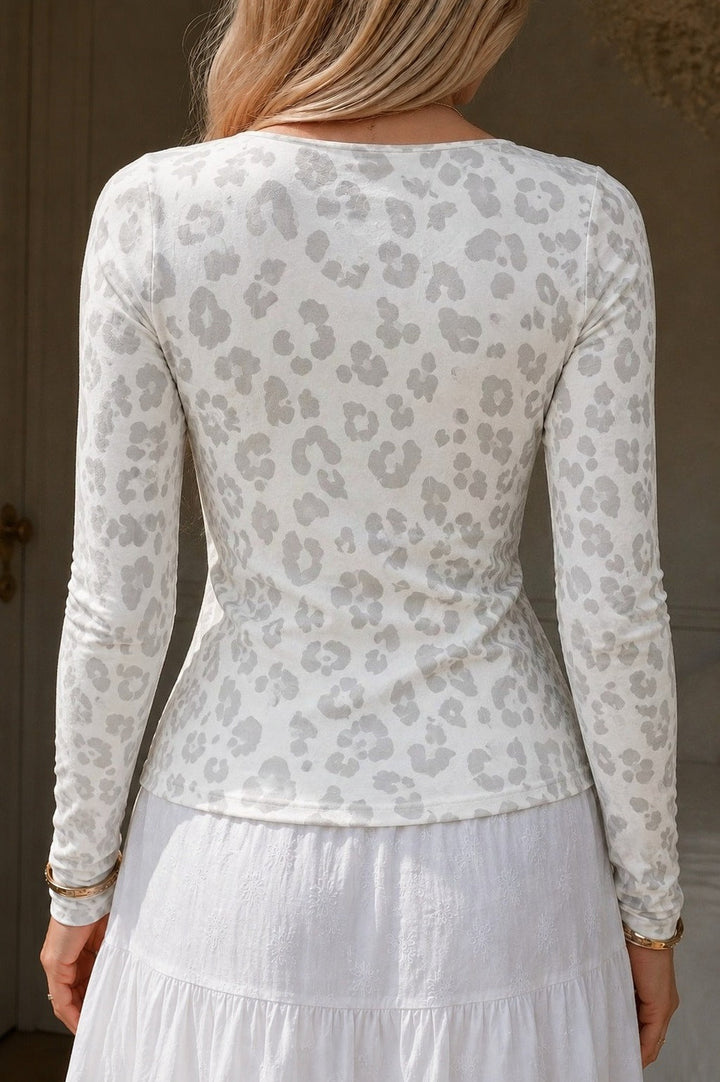 Women's Long Sleeve Shirt with Leopard Print, Fitted, Round Neck, view 3 - Elena Harper