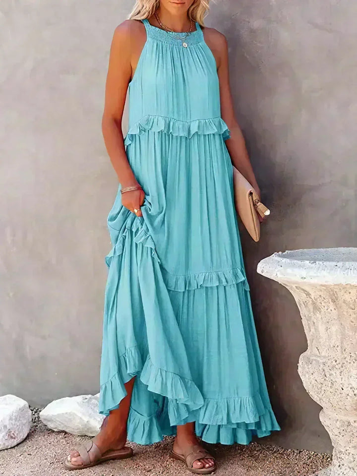 Delilah Elegant Halter Neck Ruffle Trim Dress - Elena Harper
