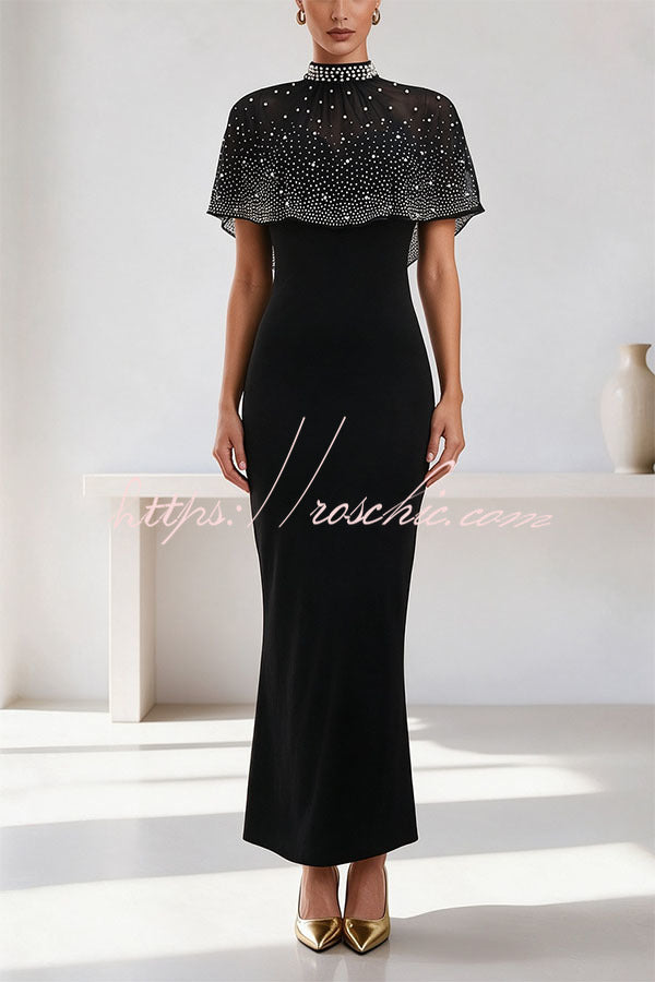 Grace Lady Sheer Pearl Details High-neck Cape Maxi Dress