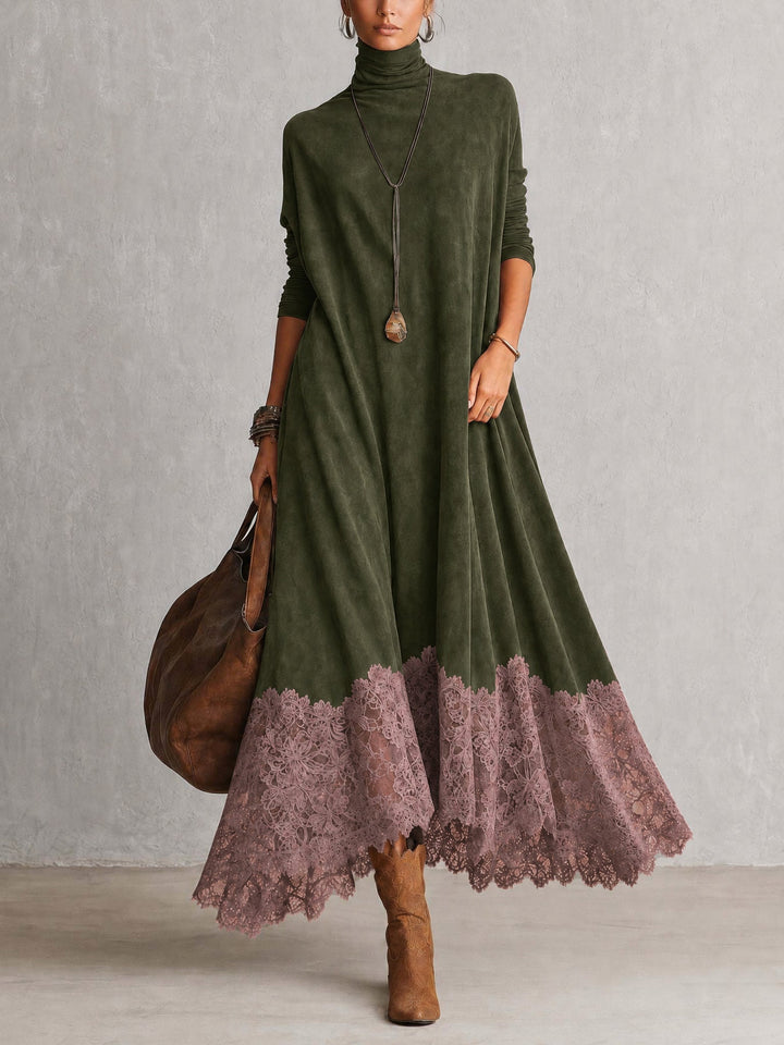 Long women's suede-effect dress with lace