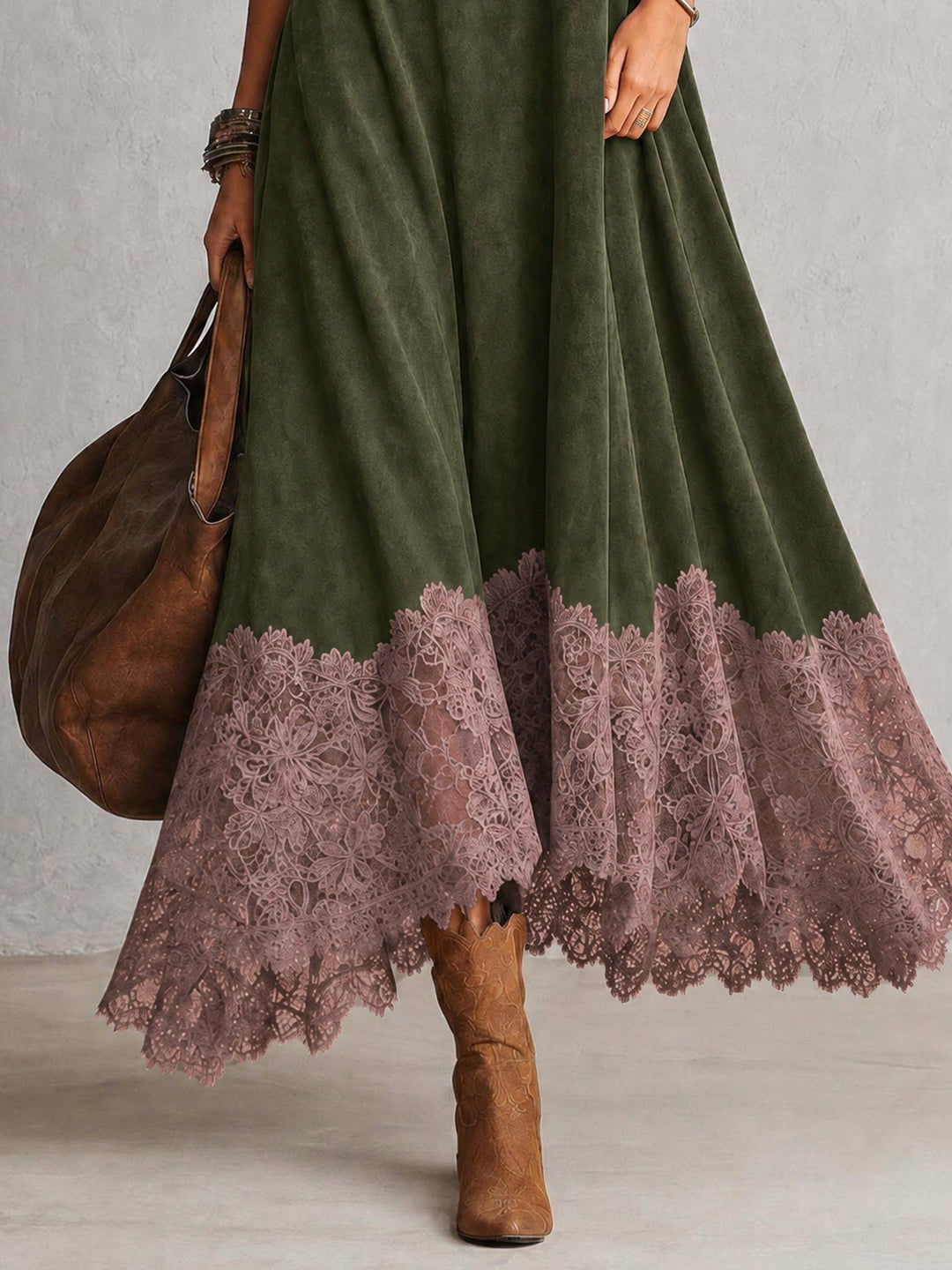 Long women's suede-effect dress with lace