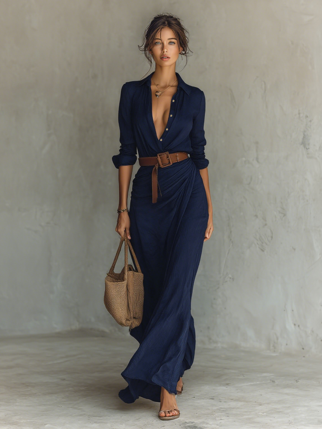 Danielle Elegant Belted Maxi Shirt Dress - Elena Harper