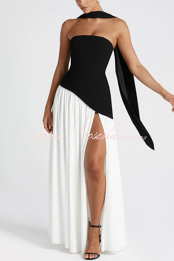 Elegant Off Shopulder Chiffon Pleated Hem Scarf Slit Maxi Dress