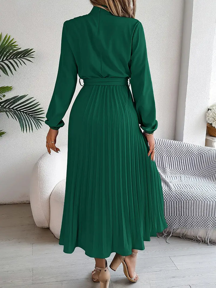 Women's Elegant Long-Sleeve Belted Midi Dress
