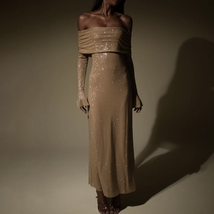 Ladies Off-Shoulder Maxi Dress Solid, Comfortable for Evening Wear, With Glitter, view 6 - Elena Harper