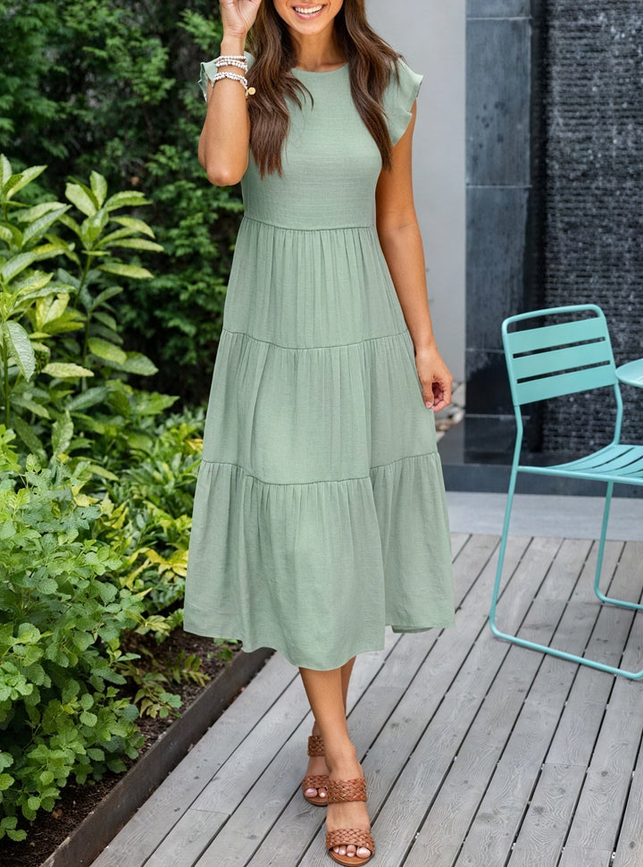 Fluid Ruffle Dress with Flared Sleeves