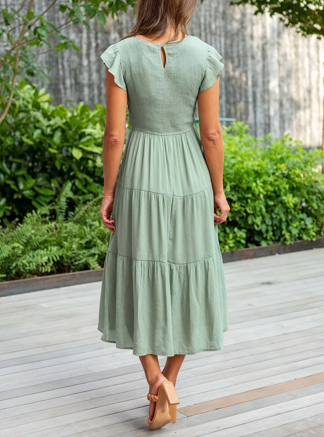Fluid Ruffle Dress with Flared Sleeves