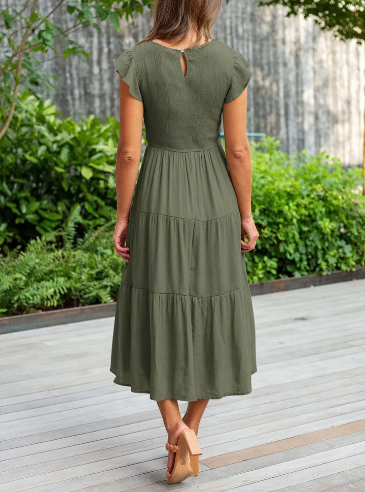 Fluid Ruffle Dress with Flared Sleeves