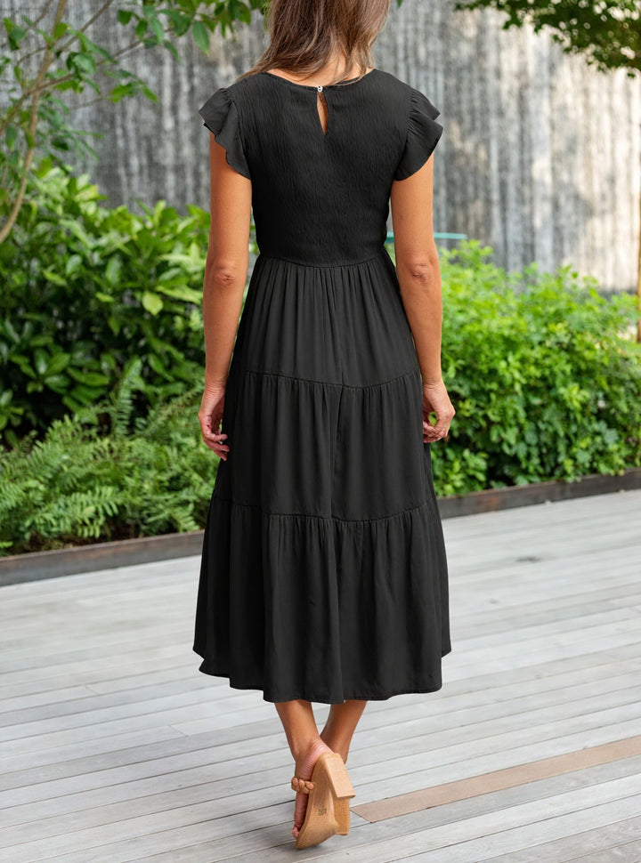 Fluid Ruffle Dress with Flared Sleeves