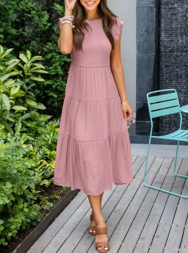 Fluid Ruffle Dress with Flared Sleeves