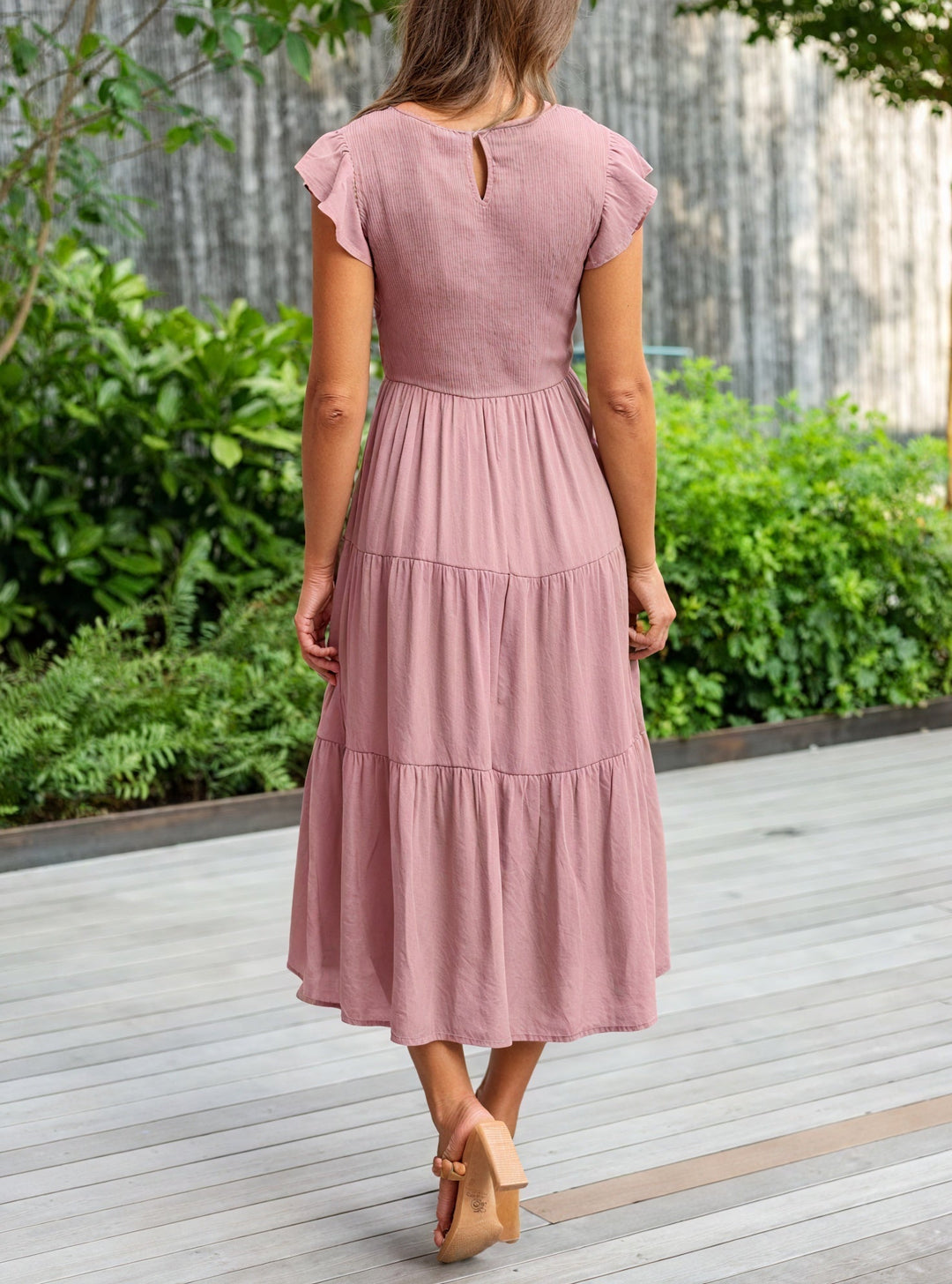 Fluid Ruffle Dress with Flared Sleeves
