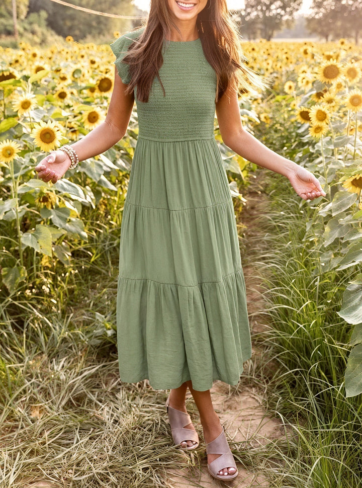 Fluid Ruffle Dress with Flared Sleeves
