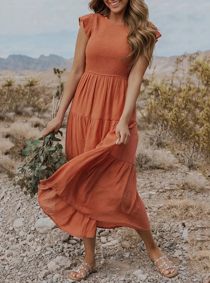 Fluid Ruffle Dress with Flared Sleeves