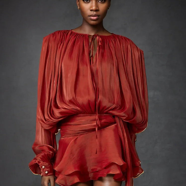 Elegant Red Mini Dress with Ruffles – Pleated with Flowing Sleeves