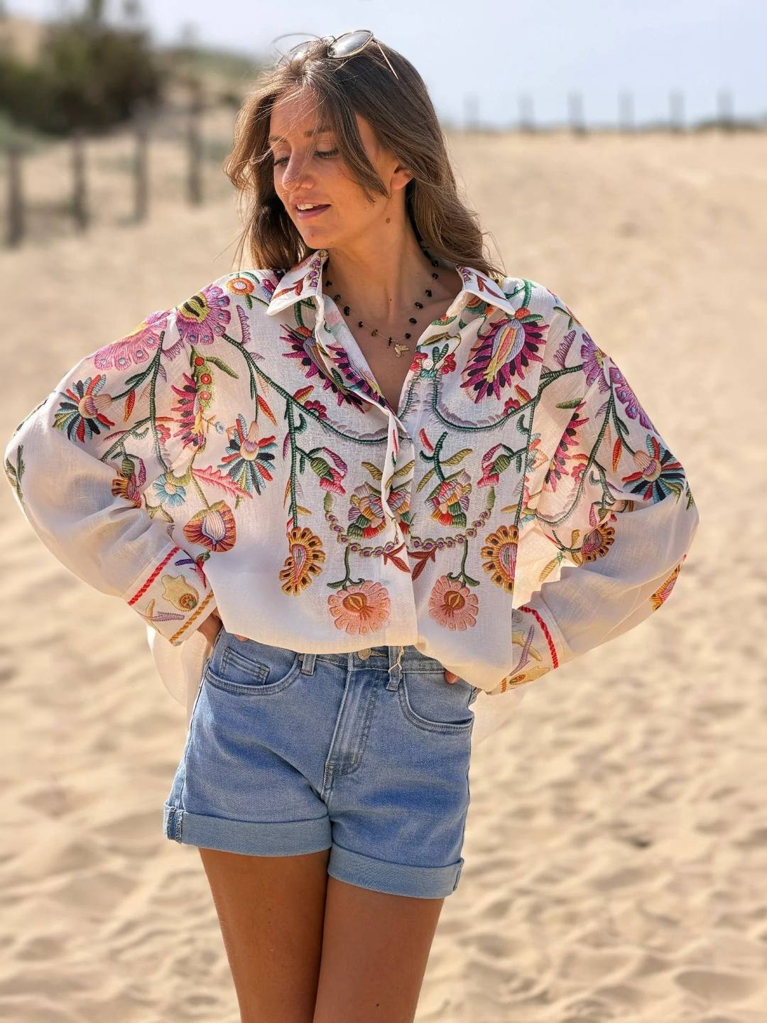 Oversized Beige Button-Down Shirt, view 5 - Elena Harper