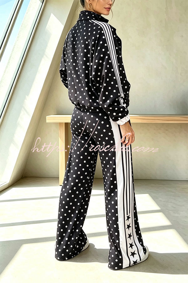 Lucienne Polka Dot Striped Star Print Zipper High Neck Pocket Sporty Jacket