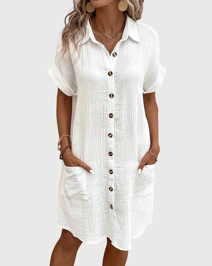 Caroline™ comfortable dress by Emma & Rose Cape Town, featuring a relaxed fit and stylish design, worn by a model in a casual setting.