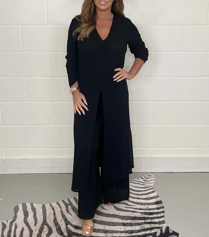 Women's Long Sleeve V-Neck Slit Top & Pants Set Relaxed Fit, view 10 - Elena Harper